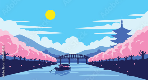 Modern vector illustration of Japanese cherry blossoms festival along a calm riverside with blooming sakura trees, bridge silhouette, and spring reflections in flat style