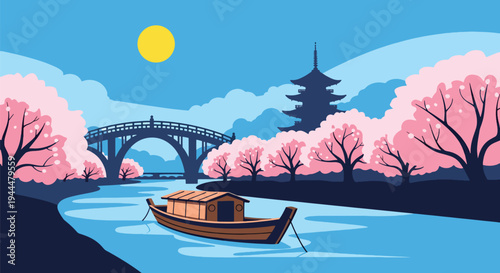 Modern vector illustration of Japanese cherry blossoms festival along a calm riverside with blooming sakura trees, bridge silhouette, and spring reflections in flat style