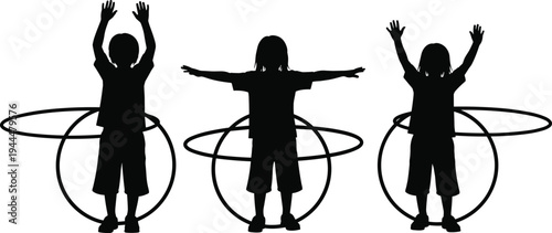 Children playing with hula hoop silhouettes, kids exercise activity and fun movement, playful childhood fitness concept vector illustration isolated on white background