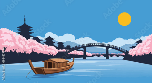 Modern vector illustration of Japanese cherry blossoms festival along a calm riverside with blooming sakura trees, bridge silhouette, and spring reflections in flat style