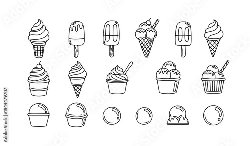 Hand Drawn Ice Cream Outline Icons Cute Dessert Doodle Vector Set