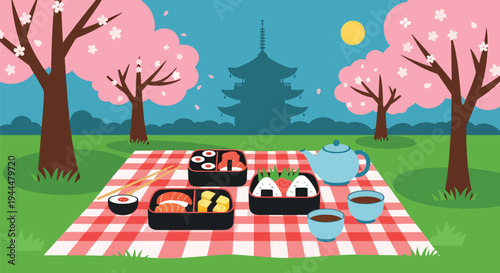 Modern vector illustration of Japanese cherry blossoms festival picnic scene with bento boxes and tea under blooming sakura trees, bright spring park atmosphere