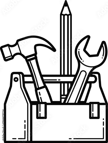 Toolbox with hammer wrench and pencil on white background tools