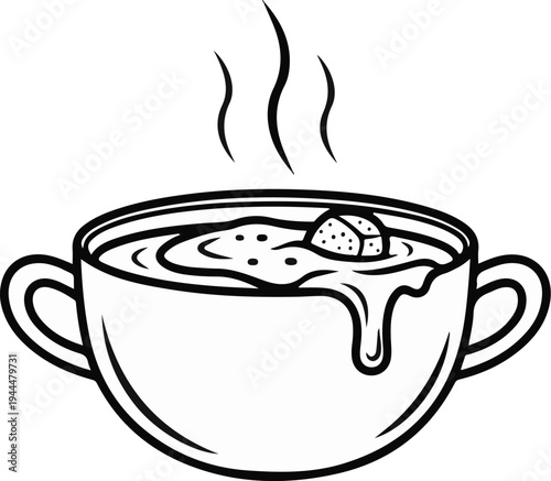 Line drawing of a steaming cup of soup with a crouton floating