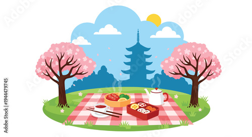 Modern vector illustration of Japanese cherry blossoms festival picnic scene with bento boxes and tea under blooming sakura trees, bright spring park atmosphere