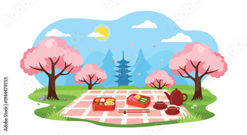 Modern vector illustration of Japanese cherry blossoms festival picnic scene with bento boxes and tea under blooming sakura trees, bright spring park atmosphere