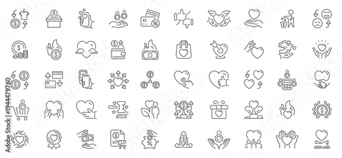 Charity and donation icons set. line, editable line icons, aid and support symbols