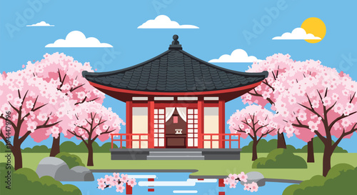 Modern vector illustration of Japanese cherry blossoms festival in a tranquil garden with sakura trees surrounding a traditional pavilion, serene spring setting