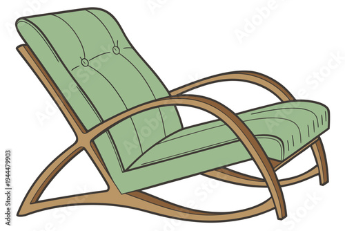 A minimalist illustration of a green rocking chair with a wooden frame on a white background