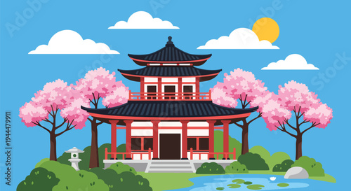 Modern vector illustration of Japanese cherry blossoms festival in a tranquil garden with sakura trees surrounding a traditional pavilion, serene spring setting