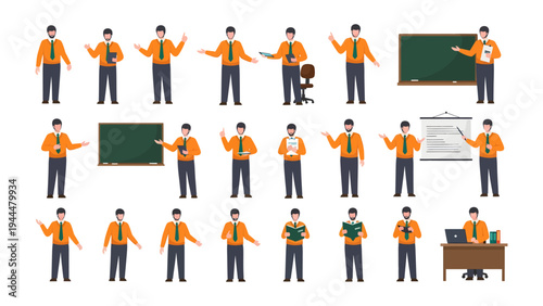 Animated Professional in Action: A comprehensive collection of animated illustrations showcases a professional in various settings, with diverse poses and interactions, ideal for educational content.