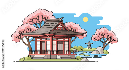 Modern vector illustration of Japanese cherry blossoms festival in a tranquil garden with sakura trees surrounding a traditional pavilion, serene spring setting