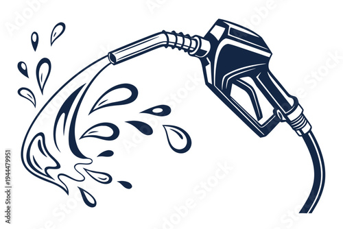 A vector graphic illustration of a gas pump nozzle with fuel pouring out
