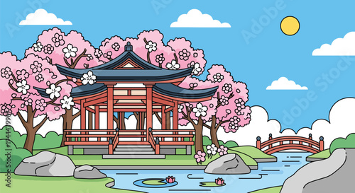 Modern vector illustration of Japanese cherry blossoms festival in a tranquil garden with sakura trees surrounding a traditional pavilion, serene spring setting
