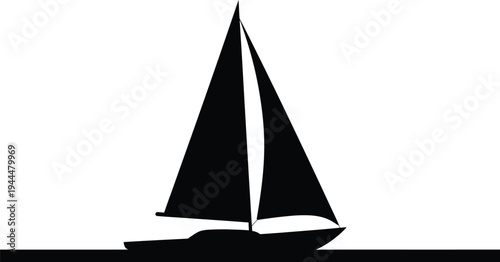 Sailboat silhouette sailing on the water with sails fully extended against clear background