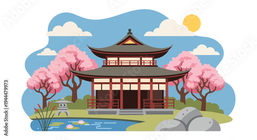 Modern vector illustration of Japanese cherry blossoms festival in a tranquil garden with sakura trees surrounding a traditional pavilion, serene spring setting