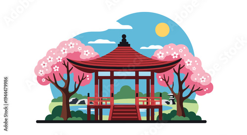 Modern vector illustration of Japanese cherry blossoms festival in a tranquil garden with sakura trees surrounding a traditional pavilion, serene spring setting