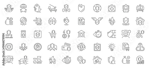 Assurance icons set. editable line icons, outline, guarantee and security symbols
