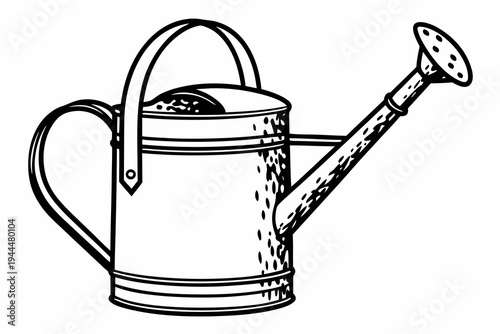 A black and white illustration of a watering can with water pouring out of it