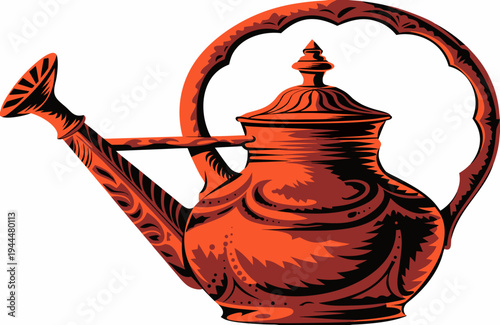 A vibrant illustration of a traditional red watering can with a decorative handle and spout