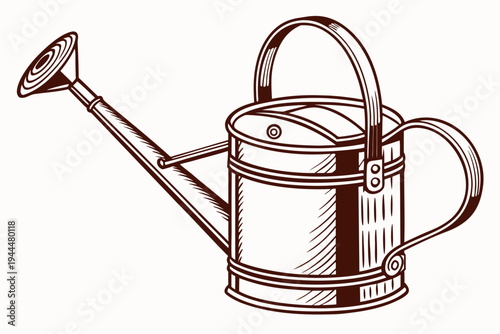 A brown line art illustration of a classic metal watering can with a long spout and handle.