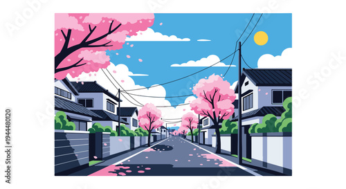Modern vector illustration of Japanese cherry blossoms festival on a quiet street lined with blooming sakura trees and drifting petals in fresh spring air