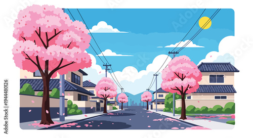 Modern vector illustration of Japanese cherry blossoms festival on a quiet street lined with blooming sakura trees and drifting petals in fresh spring air
