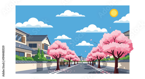 Modern vector illustration of Japanese cherry blossoms festival on a quiet street lined with blooming sakura trees and drifting petals in fresh spring air