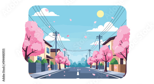 Modern vector illustration of Japanese cherry blossoms festival on a quiet street lined with blooming sakura trees and drifting petals in fresh spring air
