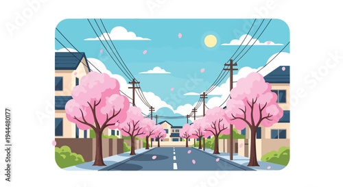 Modern vector illustration of Japanese cherry blossoms festival on a quiet street lined with blooming sakura trees and drifting petals in fresh spring air