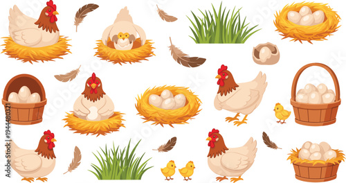 Cute Farm Chicken Laying Eggs Illustration Set with Hens, Straw Nests, Egg Baskets, Feathers, Grass, and Baby Chicks Cartoon Style Vector Collection