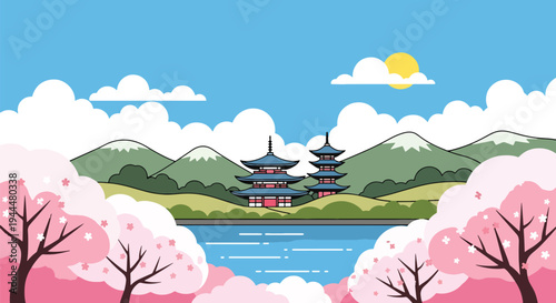 Modern vector illustration of Japanese cherry blossoms festival with stylized mountain, lake reflection, and blooming sakura trees in bright spring landscape