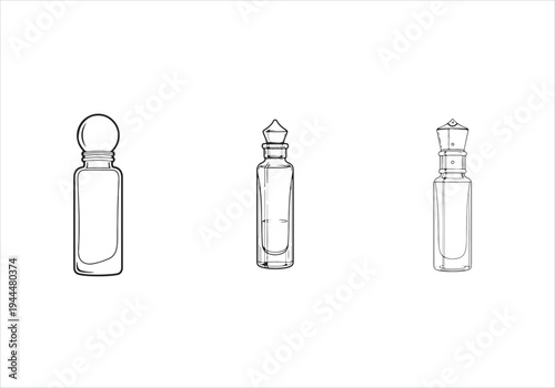 Three empty glass bottles with different tops and stoppers