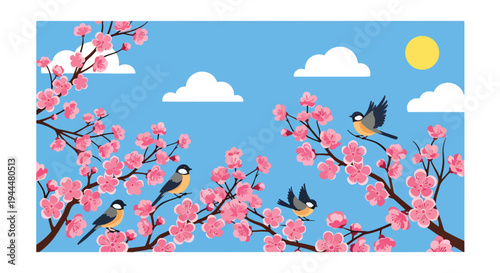 Modern vector illustration of Japanese cherry blossoms festival featuring close-up sakura branches with delicate pink blooms and birds in fresh spring atmosphere