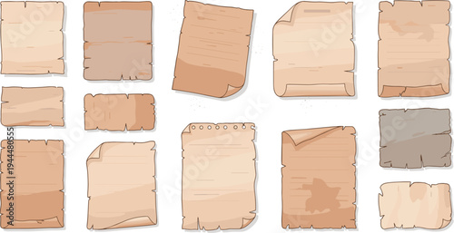 Vintage old paper parchment vector collection featuring torn edges antique scrolls and weathered burnt texture sheets for historical letters treasure maps and medieval background designs.