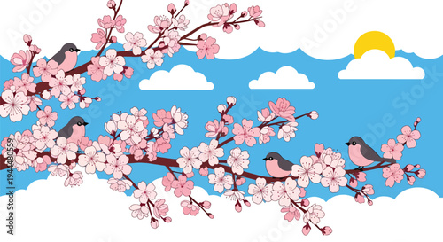 Modern vector illustration of Japanese cherry blossoms festival featuring close-up sakura branches with delicate pink blooms and birds in fresh spring atmosphere