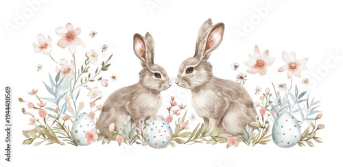 PNG Charming rabbits with floral accents.