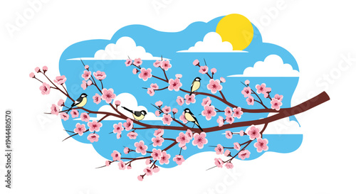 Modern vector illustration of Japanese cherry blossoms festival featuring close-up sakura branches with delicate pink blooms and birds in fresh spring atmosphere