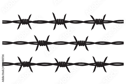 Black silhouettes of three parallel rows of barbed wire with sharp metal spikes