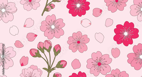 Modern vector illustration of Japanese cherry blossoms festival seamless pattern with sakura flowers and petals arranged in clean decorative spring style