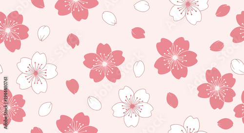 Modern vector illustration of Japanese cherry blossoms festival seamless pattern with sakura flowers and petals arranged in clean decorative spring style