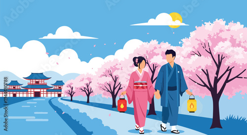 Modern vector illustration of Japanese cherry blossoms festival with couple walking beneath blooming sakura trees along peaceful riverside in spring