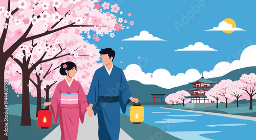 Modern vector illustration of Japanese cherry blossoms festival with couple walking beneath blooming sakura trees along peaceful riverside in spring