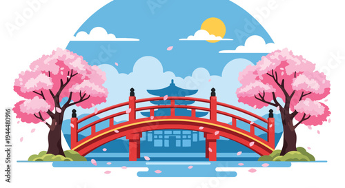 Modern vector illustration of Japanese cherry blossoms festival with red arched bridge beneath blooming sakura trees and petals floating on water