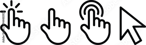 Cursor pointer clicking hand icon set vector illustration black and white different styles for interface design
