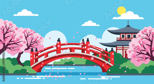 Modern vector illustration of Japanese cherry blossoms festival with red arched bridge beneath blooming sakura trees and petals floating on water