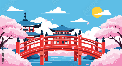 Modern vector illustration of Japanese cherry blossoms festival with red arched bridge beneath blooming sakura trees and petals floating on water