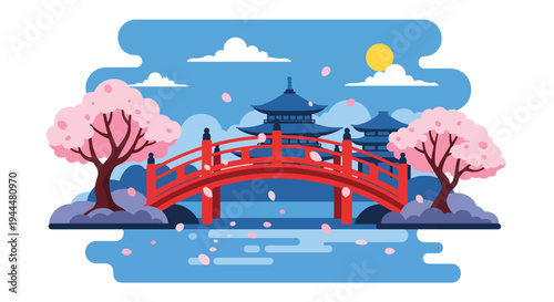Modern vector illustration of Japanese cherry blossoms festival with red arched bridge beneath blooming sakura trees and petals floating on water