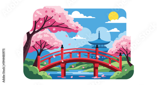 Modern vector illustration of Japanese cherry blossoms festival with red arched bridge beneath blooming sakura trees and petals floating on water