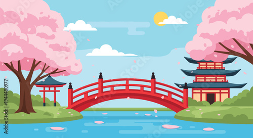 Modern vector illustration of Japanese cherry blossoms festival with red arched bridge beneath blooming sakura trees and petals floating on water